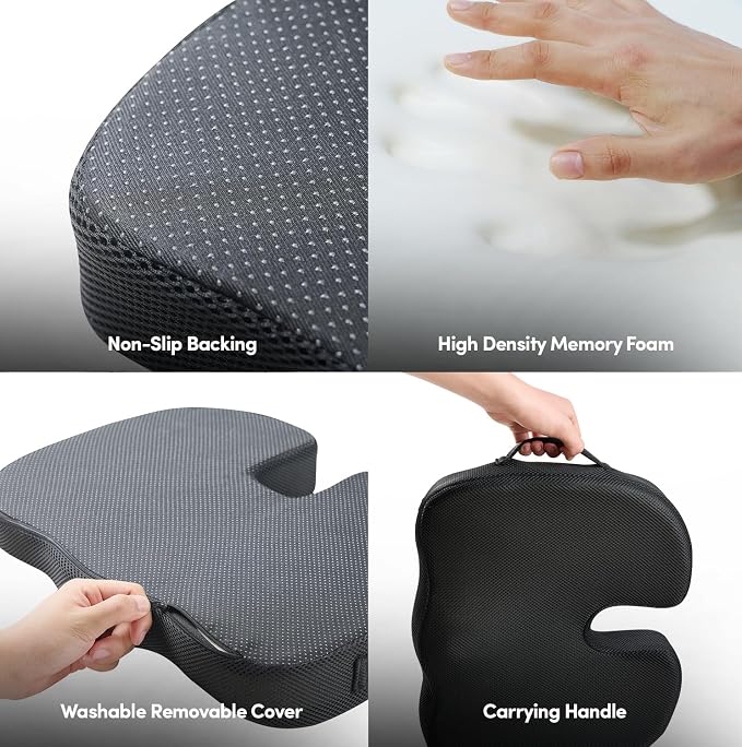 Office Chair Cushion Seat Cushion for Long Sitting ✅– Ergonomic CertiPUR-US® Memory Foam Non Slip Seat Pad for Desk, Car, Travel, Stadium, Bleachers & Airplane ✅– Tailbone Support Pillow - Image 6