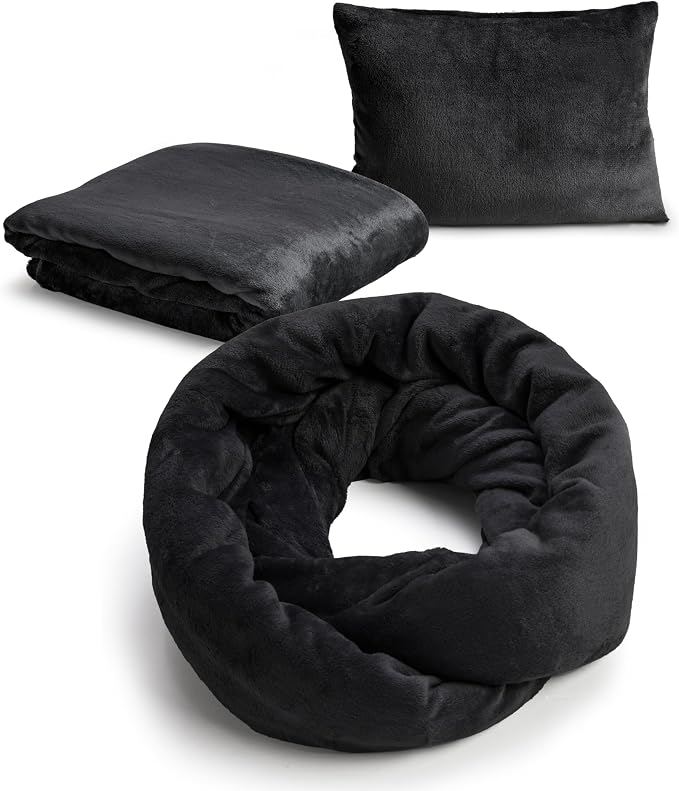 NAPRO 3‑in‑1 Travel Blanket Pillow Scarf – Convertible 50×80″ Blanket, 12×16″ Pillow, 80″ Infinity Neck Pillow – Lightweight, Plush – Black by NaPro
