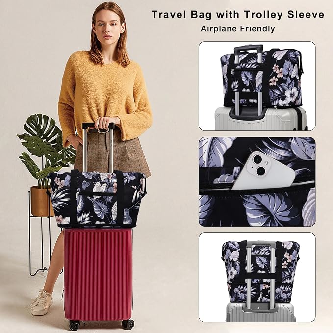Expandable Duffel Bag for Women with Trolley Sleeve/Wet Pocket Weekender Travel Tote Large Carry On Overnight Luggage - Image 2