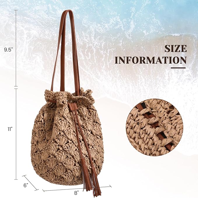 Tavaleu Straw Beach Bags for Women Tote Handbag Shoulder Hobo Bucket Bag | Lightweight, Foldable, PU Straps, Magnetic Closure, Zip Pocket, Reinforced Bottom, Summer Purse, Travel, Vacation, Daily Use - Image 4
