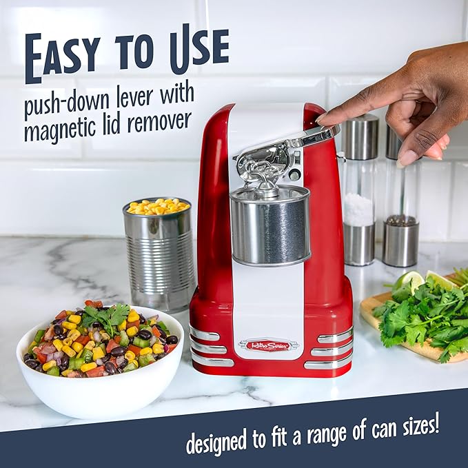 Nostalgia Retro Electric Can Opener for Kitchen with Magnetic Lid Remover, Knife Sharpener, and Soda or Beer Bottle Opener, Red - Image 3
