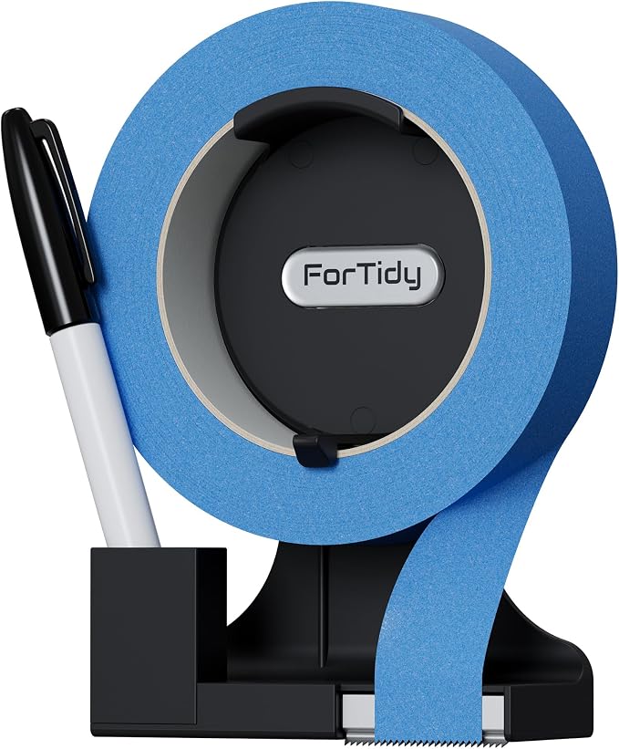 ForTidy Magnetic Masking Tape Holder, Painter's Tape Dispenser, Black | Removable Label System, Cutter Pen Holder, For Home Kitchen, Office, Fridge, Garbage, School (Tape and Pen Not Included) by ForTidy