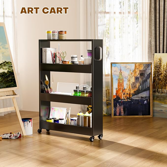 Slim Storage Cart, Lightweight 4 Tier Metal Rolling Utility Kitchen Cart on Wheels, Mobile Storage Shelving Unit Organizer for Bathroom Laundry Office Narrow Places (4 Tier-Black, 6" D) - Image 7