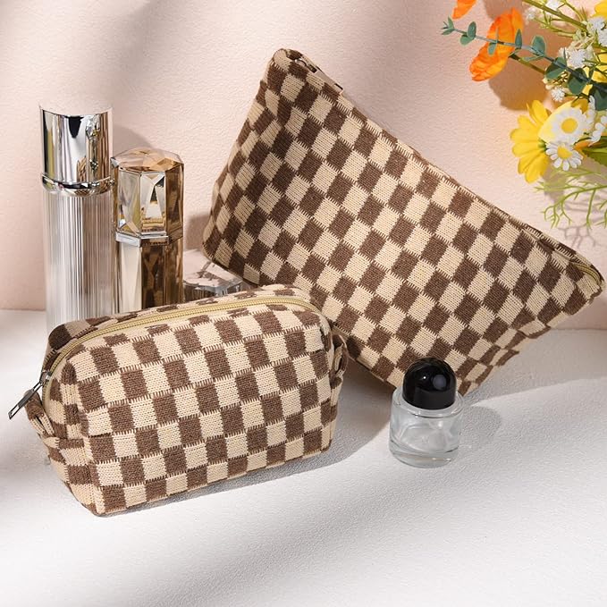 SOIDRAM 2 Pieces Makeup Bag Large Checkered Cosmetic Bag Capacity Canvas Mix Travel Toiletry Bag Organizer Cute Makeup Brushes Aesthetic Accessories Storage Bag for Women, Checkered Mix Brown - Image 5