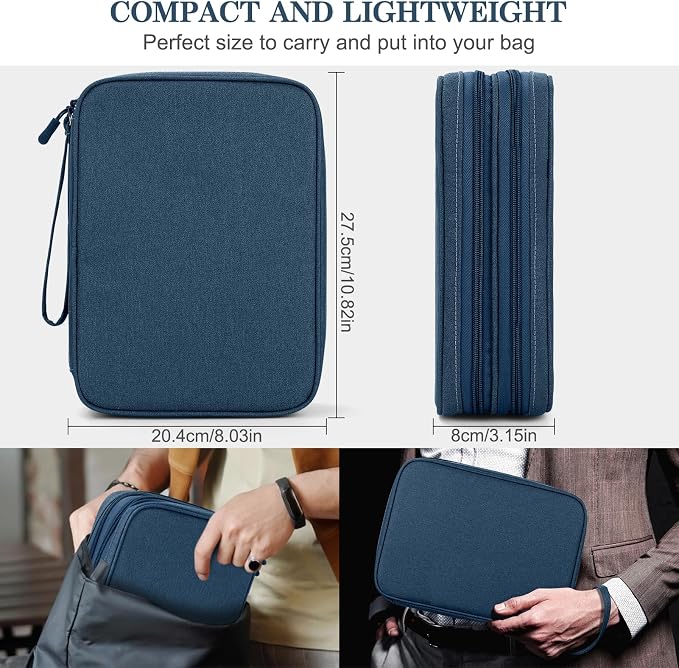 FYY Electronic Organizer, Travel Tech Pouch Bag, Extra Large, Navy | Wrist Strap, Waterproof, Double Layers Electronics Travel Case for iPad, Cord, Laptop Charger, Daily and Business Trips Use - Image 2
