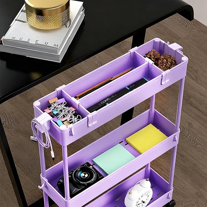 Slim Storage Cart 3 Tier,Bathroom Organizer Rolling Utility,Mobile Shelving Unit Slide Out for Office, Kitchen, Laundry Room & Narrow Places,Purple - Image 5