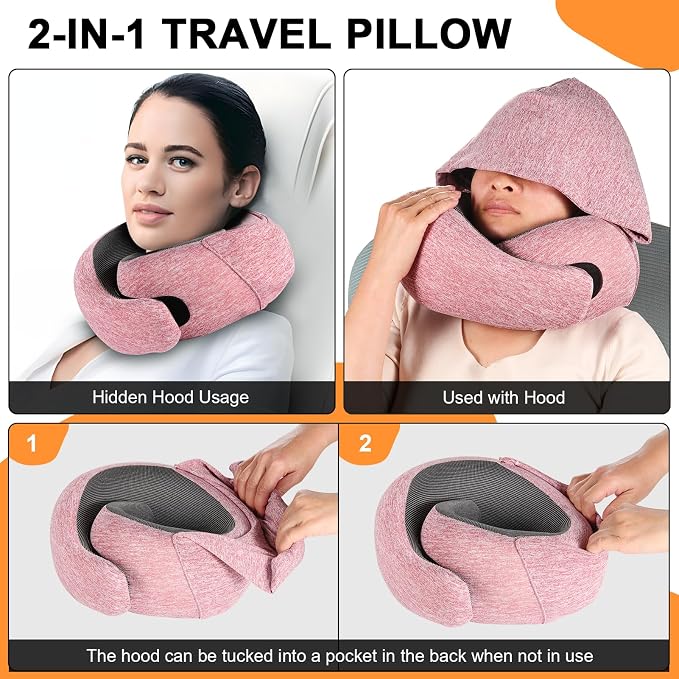 Travel Pillow - Hooded Neck Pillow Airplane Memory Foam Filling | for Plane, Office, Cars Sleeping, Road Trip, Long Flights Essentials, Includes Eye Mask & Earplugs (Red) - Image 2