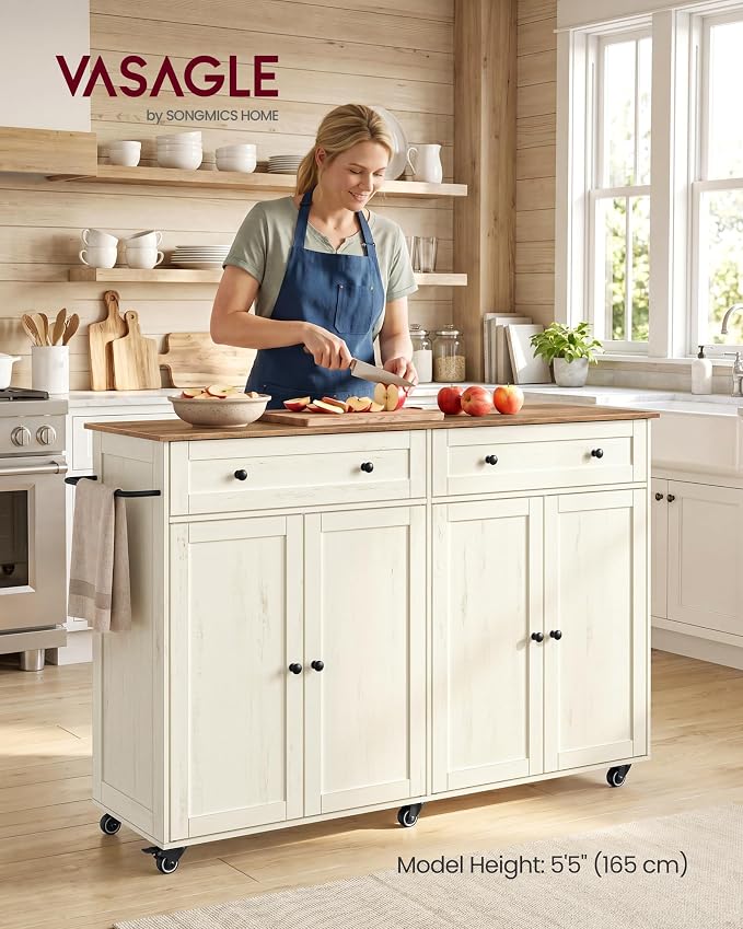 VASAGLE Mobile Kitchen Island with Storage Cabinet for Kitchen, Dining Room | Portable Mobile Cart on Wheels , 15.8 x 53.7 x 35.1 Inches, Rustic White and Honey Brown, SIREN Collection UKKI016WJ01S - Image 2