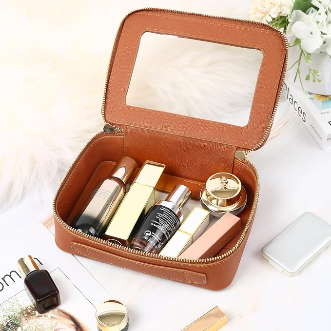 Aveniee Clear Makeup Bag, Travel Toiletry Case for Women, Cosmetic Pouch with Zippers, Car Storage Organizer for Essentials,Brown,Medium Classic - Image 5