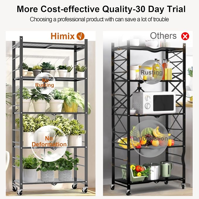 Himix 5-Tier Foldable Storage Shelves with 20 Hooks Wheels Grey Display | Folding shelving units, Metal collapsible organization, Wire shelf, No assembly, Bookshelf, Kitchen, Home rack, Holds 440 Ibs - Image 6