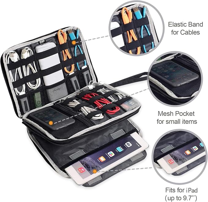 BUBM Double Layer Electronics Organizer, Travel Gadget Bag for Cables, Memory Cards, Flash Hard Drive and More, Fit for iPad or Tablet(up To 9.7")--Large, Blue | Travel Gadget Bag For Cables, Memory Cards, Flash Hard Drive and More, Fit For iPad or Tab... - Image 4