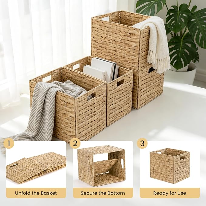 Rectangular Storage Baskets 13x11in, 4 Pack Water Hyacinth Wicker Bins with Handles, Foldable Natural Organizer for Shelves Kitchen Closet, Handwoven Storage Cubes - Image 4