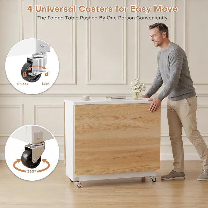 Jocoevol Space Saving Folding Dining Table for 4, Foldable Dining Table with Drawer and Storage Shelf, 6 Wheels Drop Leaf Kitchen Dining Room Table for Small Space (Natural, 47.2" x 23.6" x 29.9") - Image 8