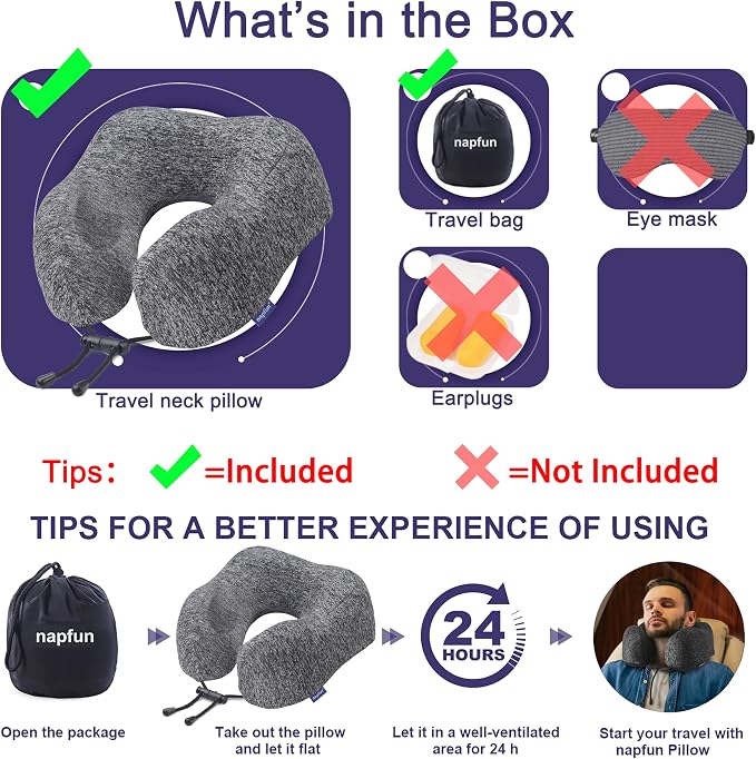 napfun Neck Pillow for Travel, Memory Foam Airplane Pillow, Full Grey | 360° Neck Support, Upgraded 100% Memory Foam for Airplane, Car, Train, Bus, Office Sleep, Travel Essentials for Long Flights - Image 6