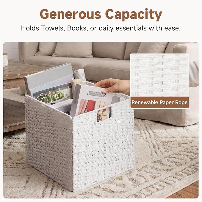 StorageWorks 13 inch Wicker Storage Baskets, White Wicker Baskets, Foldable | 2-Pack,Handwoven Baskets for Organizing,Paper Rope Square Storage Cubes,Organizer Baskets,Wicker Storage Cubes,Square Baskets - Image 4