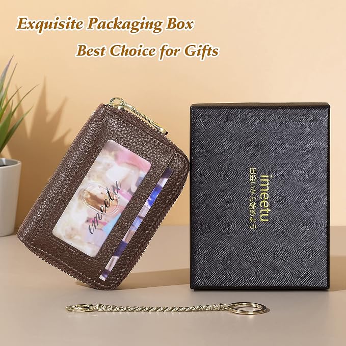 imeetu Rfid Credit Card Holder, Businese Card Case, Wallet for Women Men | Genuine Leather Card Wallet with id Window, Keychain & Double Zipper, Water-resistan Small Wallet with Gift Box, Daily Travel - Image 7