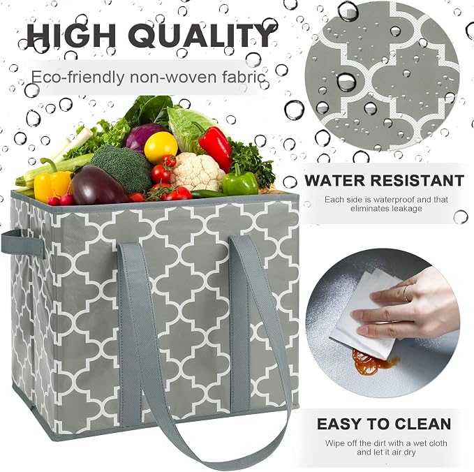 WISELIFE 3-Pack Reusable Grocery Bags Foldable Washable Storage Bins Basket Water Resistant Shopping Utility Tote Bag Grey - Image 4