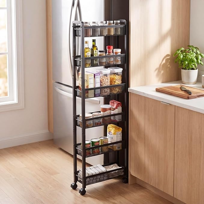 6 Tier Slim Rolling Storage Cart, Narrow Kitchen Storage Cart, Spice Rack Organizer with Wheels, Space Saving Shelf for Living Room, Laundry Room, Bathroom, Narrow Spaces by Holismo