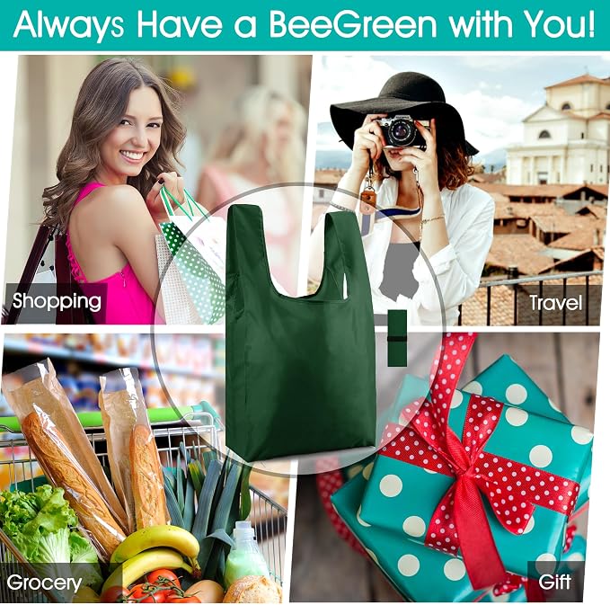BeeGreen Christmas Green Reusable Grocery Bags with Zipper Storage Pouch 10 Packs Dark Green Reusable Shopping Bags Bulk Foldable-Machine Washable - Image 2