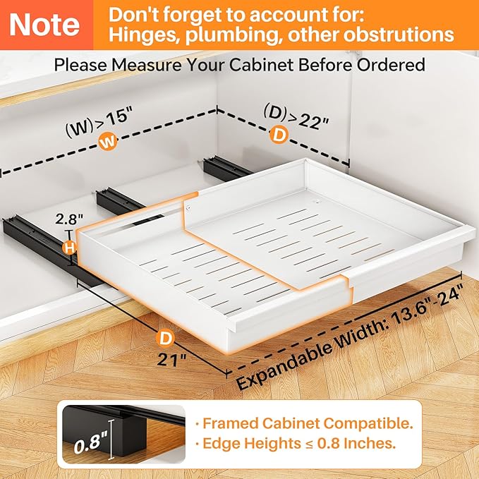 Pull out Cabinet Organizer, 4-Pack Expandable(13.6"-24") Silde out Drawers with Raising Pad for Framed Cabinets, Adjustable Full-Extension Adhesive Roll out Shelves for Kitchen Pantry Home Pot and Pan - Image 3