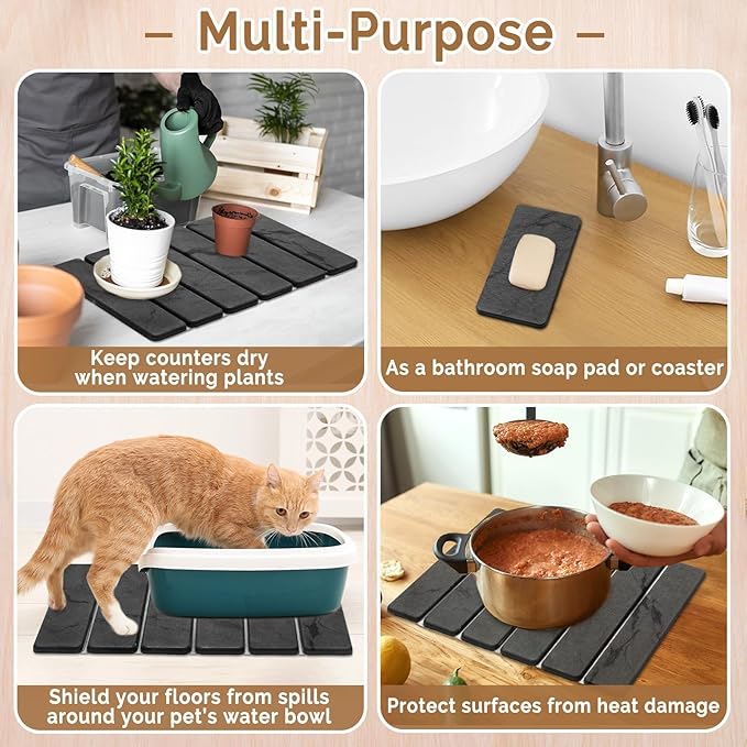 Small Stone Dish Drying Mat for Kitchen Counter, 2 PCS 16"×12" & 8"x4" Quick Dry Stone Mats, Foldable Water Absorbing Diatomaceous Earth Drying Dish Pad for Countertop Bottles Utensils Cups(Dark Gray) - Image 6