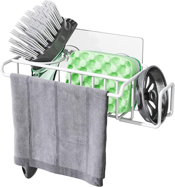 HapiRm Sponge Holder for Kitchen Sink, No Drill Kitchen Sink Caddy Organizer, Rustproof and Waterproof Dish Sponge Holder - White(8.65 * 3.54 * 2.36 in) by HapiRm