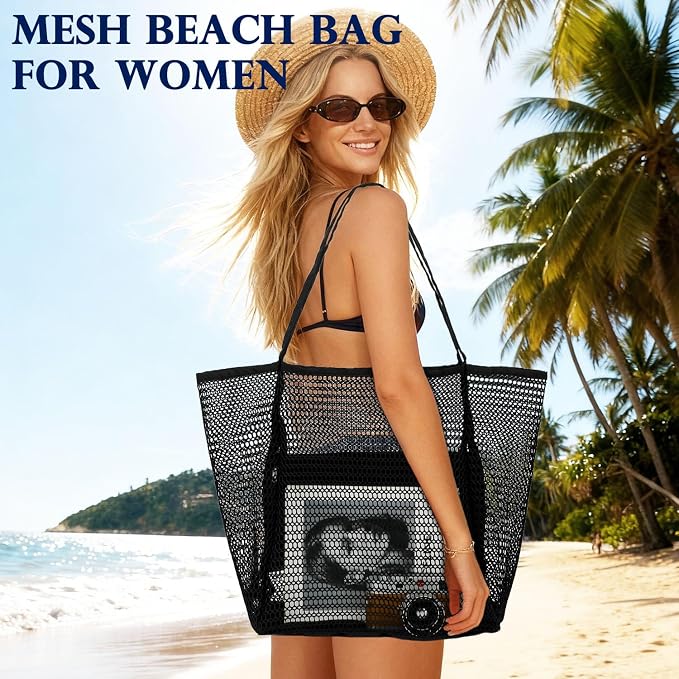 Fammart Mesh Beach Bag for Women, Summer Straw Tote Hobo Pool Bags with Zipper Pocket, Travel Vacation Cruise Essentials 2026 - Image 2