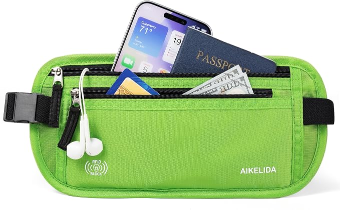 RFID Blocking Money Belt - Passport Holder & Travel Wallet, Slim Hidden Fanny Packs for Women Men - Green - Image 2