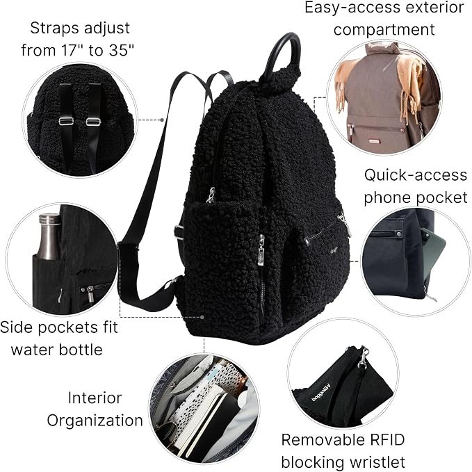 Baggallini Womens All Day Backpack With RFID Phone Wristlet, Black Faux Shearling - Image 3