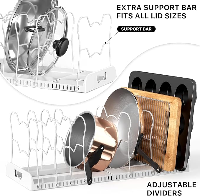 Simple Houseware Expandable Pan Rack 10 Adjustable Compartments, White | Kitchen Cabinet Organizer for Pots, Pans, Lids & Bakeware - Pantry & Countertop Storage - Image 4