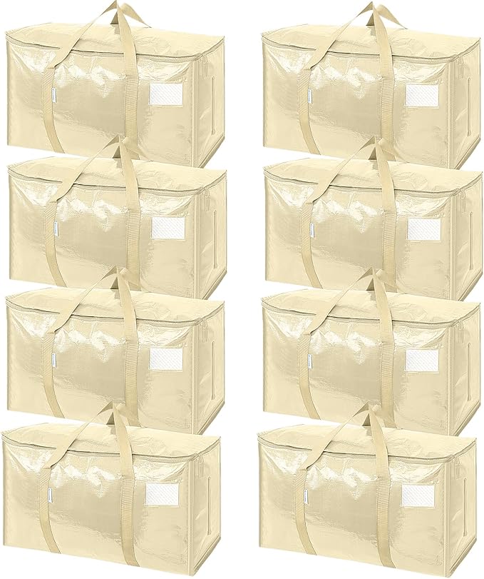 TICONN 8 Pack Extra Large Moving Bags Heavy Duty with Zippers & Carrying Handles, Durable Storage Bags Moving Boxes for Closet Organizers and Storage (8 Pack, Cream) by TICONN