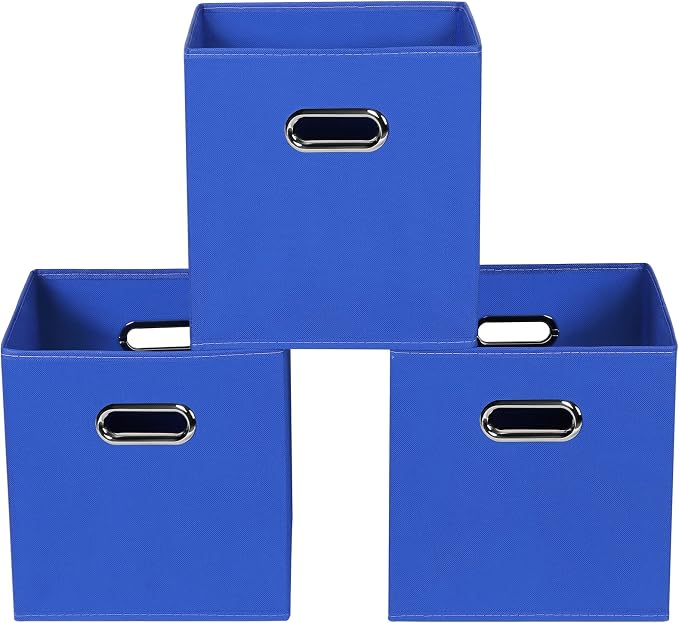 Dark Blue Fabric Storage Bins, Set of 3, 11x11x11, Foldable Cube Bins for Cloth or Accessory Storage by Yunkeeper