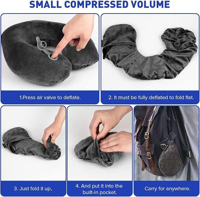 Rewondah Inflatable Travel Pillow, Inflatable Neck Pillow for Traveling Airplane, Travel Pillow with Soft Velour Washable Cover, U Shape Blow Up Neck Pillow for Airplanes Train Car Travel - Image 6