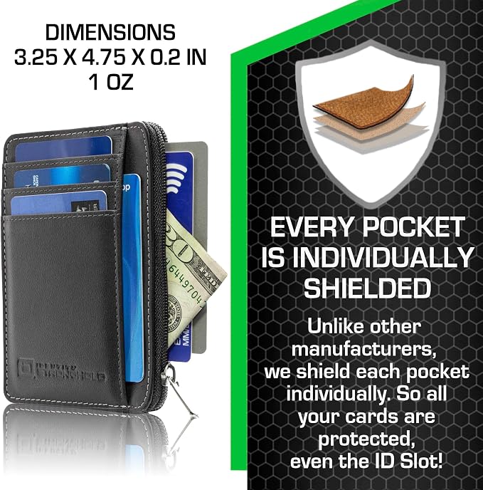 ID Stronghold RFID Front Pocket Wallet Mini Minimalist Wallet Slim Wallet Genuine Leather with Zipper, Small Black - Image 2