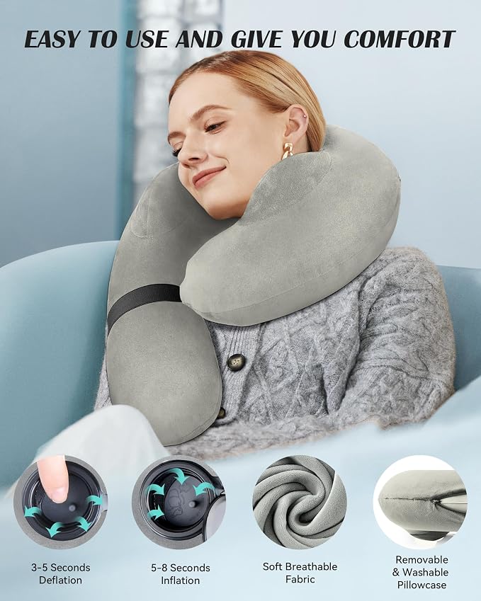 Patented Design Inflatable Travel Neck Pillow – Airplane Neck Pillow with 360° Head & Neck Support, Soft Washable Velvet Cover, Compact Neck Support Pillow for Airplane,Train,Car,Office & Home (Grey) - Image 2