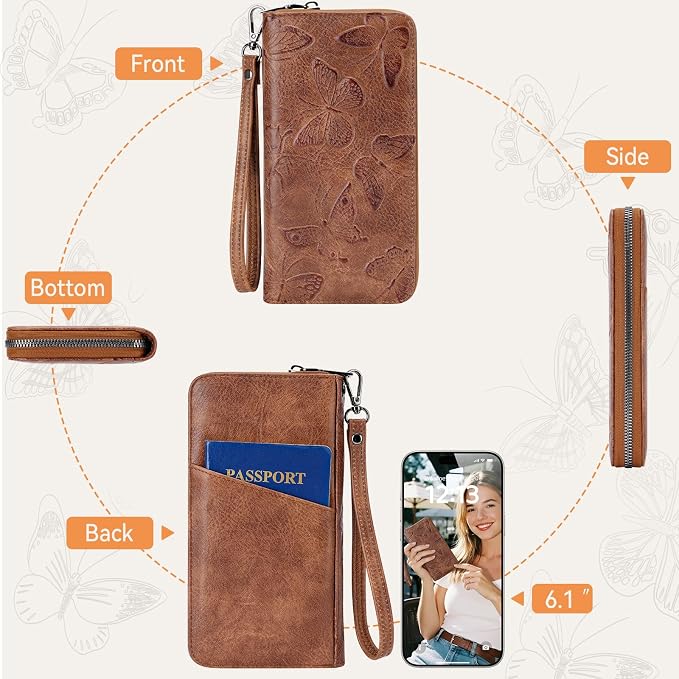 BELTANA Womens Wallet RFID Wallet Women with Passport Holder Butterfly Vegan Leather Multi Card Slots Wallets Large Capacity Wristlet Travel Purse for Women (Brown) - Image 6