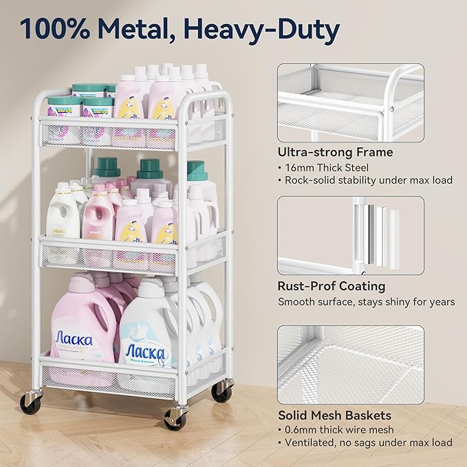 3 Tier Metal Rolling Cart, White Utility Storage Cart with Wheels | Metal Mesh Craft Cart With Hooks & Hanging Cups, Ideal For Kitchen, Bathroom, Office, Dorm, Art Workspace, Bedside Storage - Image 2