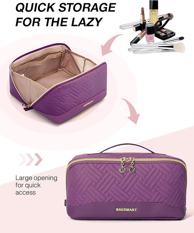 BAGSMART Makeup Bag Cosmetic Bag, Travel Makeup Bag,Water-resistent Makeup Bags for Women Portable Pouch Open Flat Make Up Organizer Bag for Toiletries, Brushes, Purple - Image 2