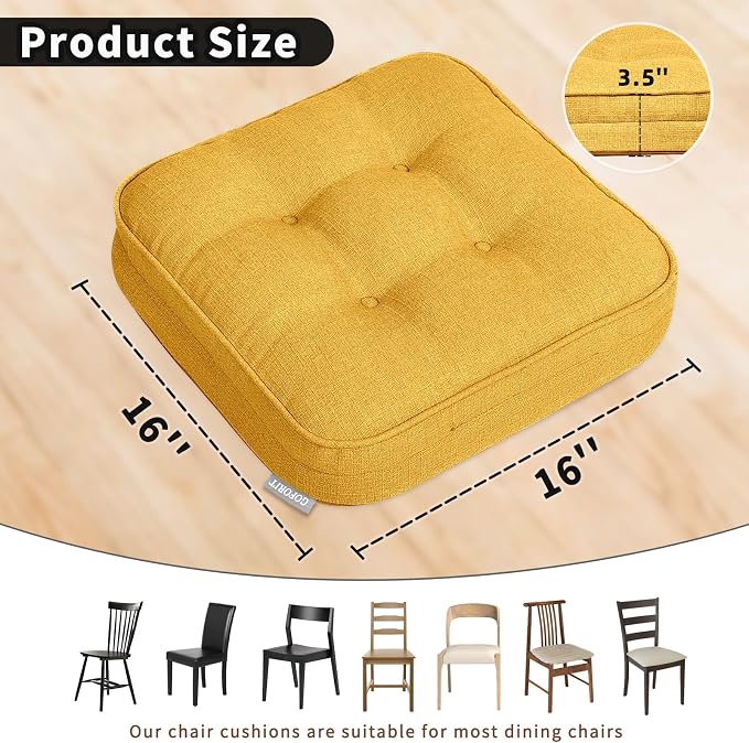 GOFORIT Memory Foam Cushion，Square Seat Cushions for Dining Chairs,Non-Slip Chair Pads with Removable Cover, 16'' x 16'',4 Pack, Yellow - Image 2
