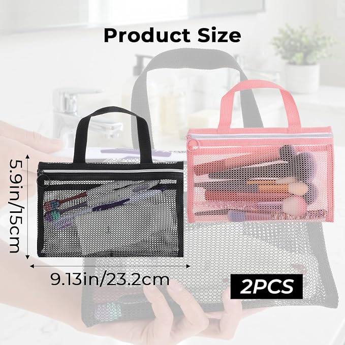 2 Pcs Toothbrush Pouch, Mini Travel Toiletry Bags for Men and Women Portable Square Mesh Storage Bags with Zipper Travel Accessories for Home Office Supplies (Pink and Black) - Image 2