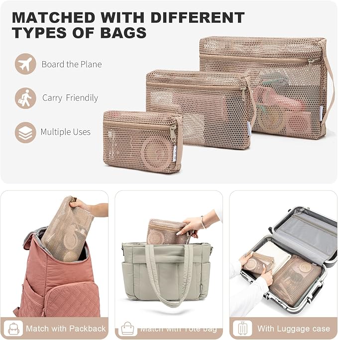 NOL 3-Pack Mesh Travel Toiletry Bags - Clear Zipper Travel Organizer, Airport Carry-On Compliant Reusable Cosmetic Makeup Bag for Women & Men (Khaki) - Image 3