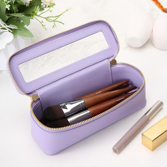 Aveniee Clear Makeup Brush Bag, Slim Brush Holder Cosmetic Case, Small Travel Toiletry Bag for Women, Thin Make up Bags with Dual Zipper, Cute Travel Essentials Srorage Bag.Lilac - Image 2