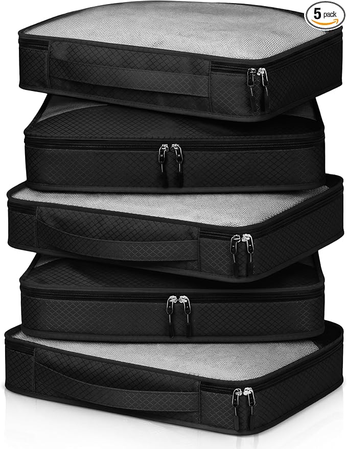 5 Pcs Packing Cubes for Suitcase Large Travel Cubes Carry on Luggage Organizer Bags for Clothes Accessories(M,Black) by Bulyoou