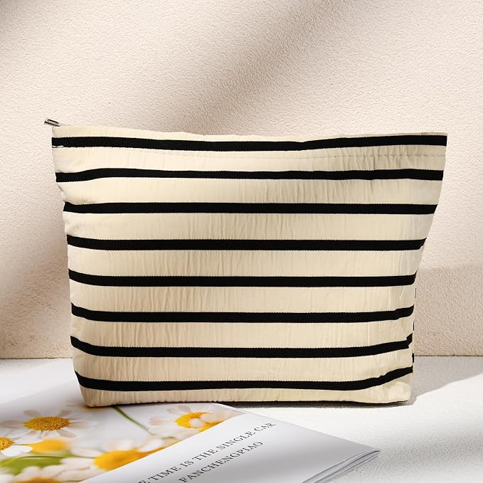 SOIDRAM 2 Pieces Makeup Bag Large Stripe Cosmetic Bag Capacity Canvas Mix Travel Toiletry Bag Organizer Cute Makeup Brushes Aesthetic Accessories Storage Bag for Women, Stripe Mix White - Image 7
