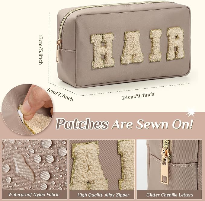 Preppy Makeup Bags Chenille Letter Stuff Bag Nylon Cosmetic Pouch Cases with Zipper for Women Travel Toiletry(Apricot Color,Classic,2 Pcs) - Image 2