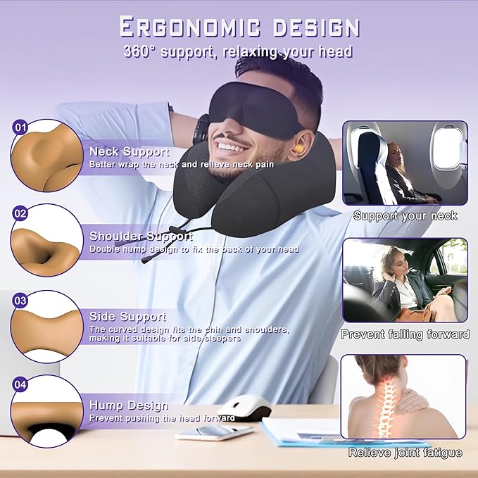 Travel Neck Pillow,Neck Pillow for Sleeping Travel,Airplane, Car, Office | Upgraded Memory Foam Neck Pillow for Travel,Machine Washable, Adjustable Flight Pillow, Suitable for Sleeping (Black) - Image 3