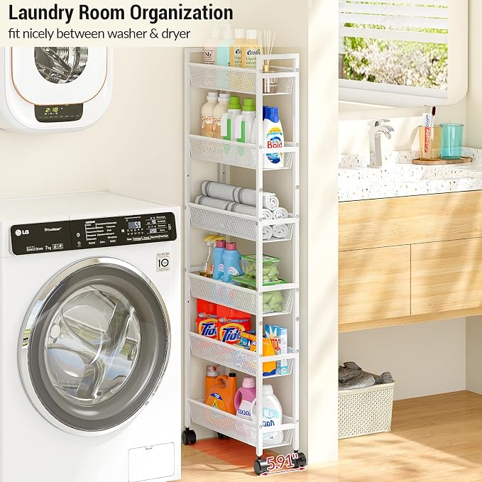 ThreeHio 6 Tier Slim Storage Cart, Narrow Cart with Wheels, Metal Mobile Shelving Unit Organizer for Bathroom, Kitchen, Laundry Room, Living Room & Narrow Spaces, White, 6in(W) - Image 3