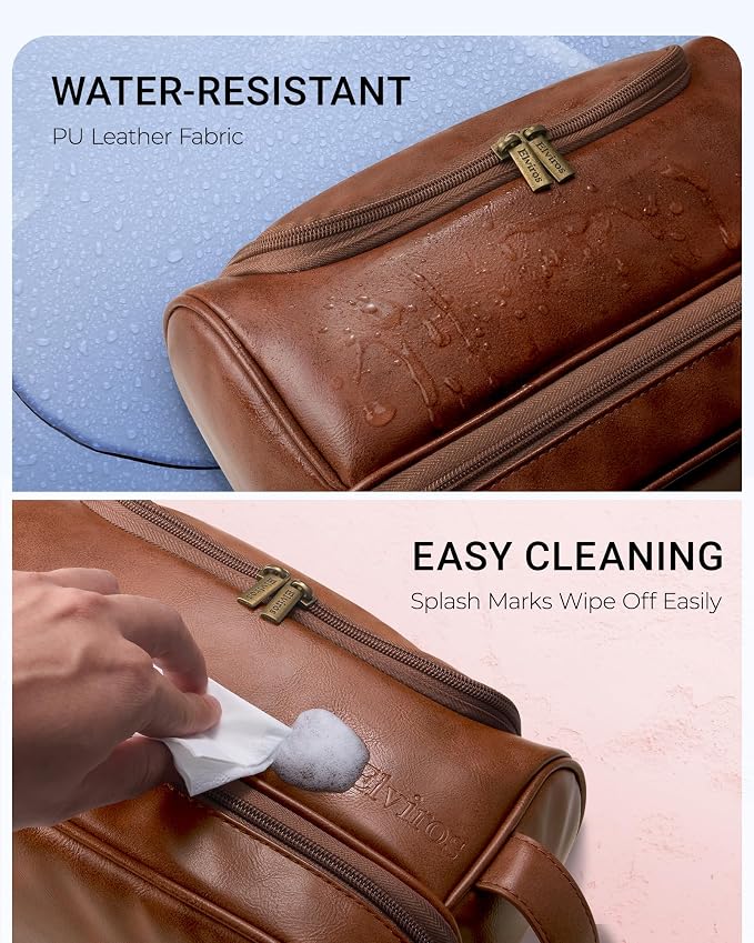Elviros Hanging Toiletry Bag for Men PU Leather Kit, Extra Large, Brown | Water-Resistant Dopp Kit with Hanging Hook for Travel, Shaving Tools, Toiletries, Grooming Items, and Bathroom Storage - Image 5