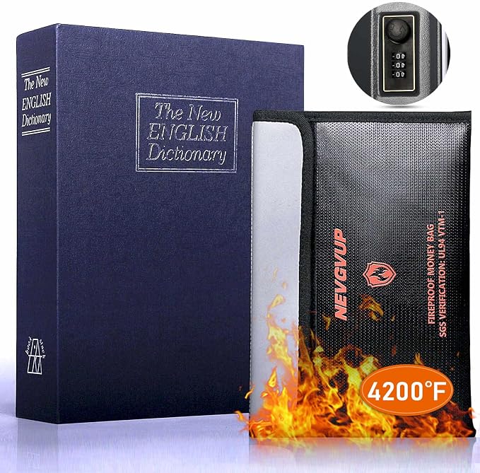 Dictionary Diversion Book Safe with Combination Lock and Fireproof Money Bag - Blue by NEVGVUP