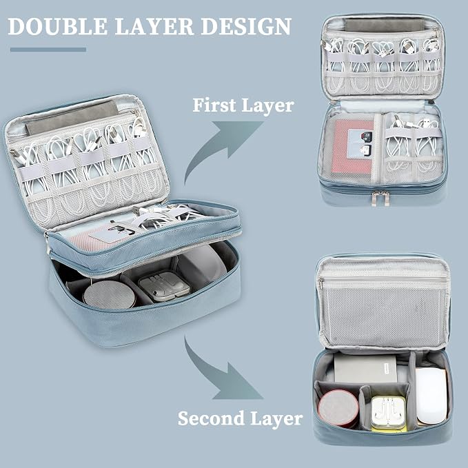 Lanola Custom Personalized Travel Cable Organizer Bag, Electronic Accessories Case Portable Double Layer Cable Storage Bag with DIY Dividers & Custom Photo Text - Light blue - Image 4